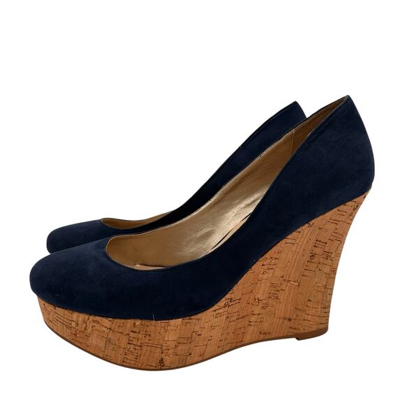 Boston Proper Navy Blue Leather Pammy Wedge Platform Cork Heels Size 9.5 - Picture 6 of 8